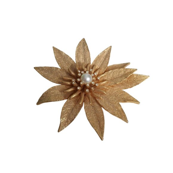 Vintage Floral Gold Pearl & clear stones Jewelry Brooch Pin Estate Find - Picture 1 of 2